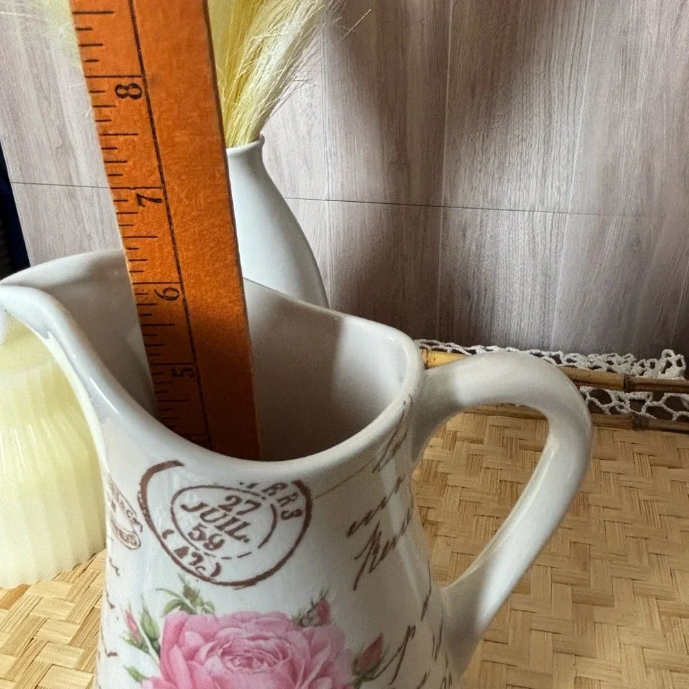 Teleflora Gift Shabby Chic Pink Rose FloralE White Ceramic Pitcher Vase